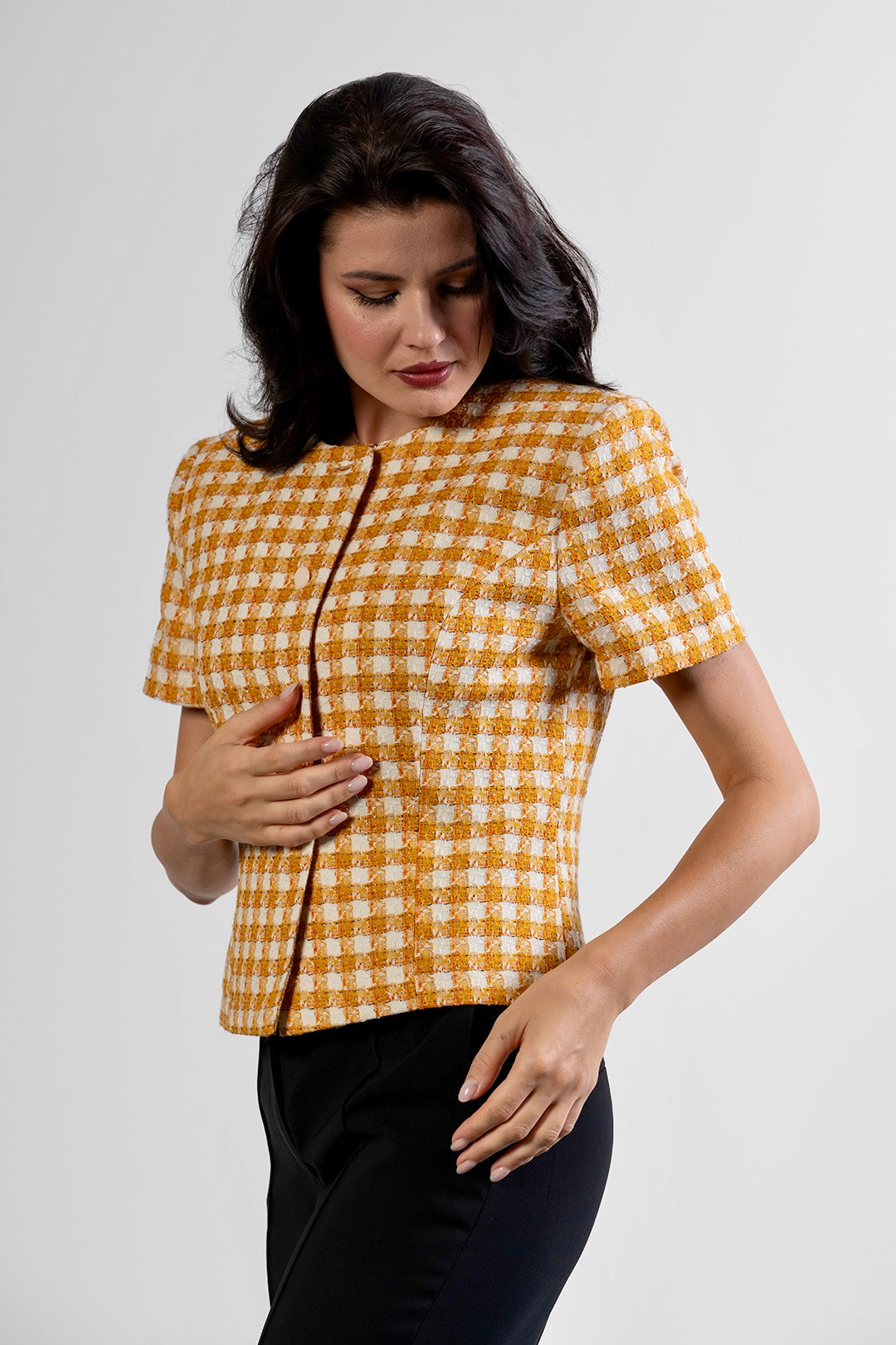 Niya short-sleeved jacket in ochre check cotton tweed by Sofia Lara — front view, worn open