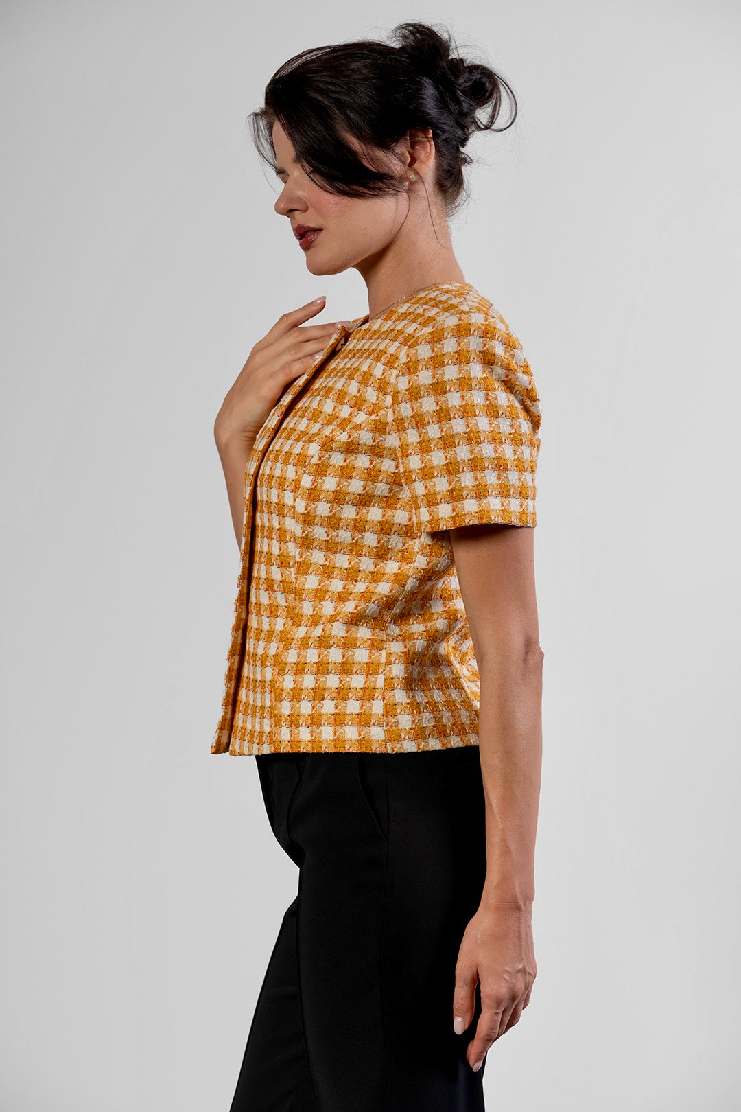Niya short-sleeved jacket in ochre check cotton tweed by Sofia Lara — side view