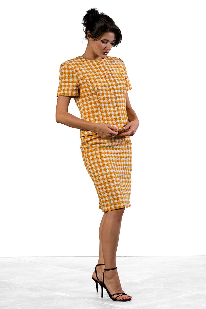 Niya short-sleeve top and pencil skirt set in ochre check cotton tweed by Sofia Lara — view 2