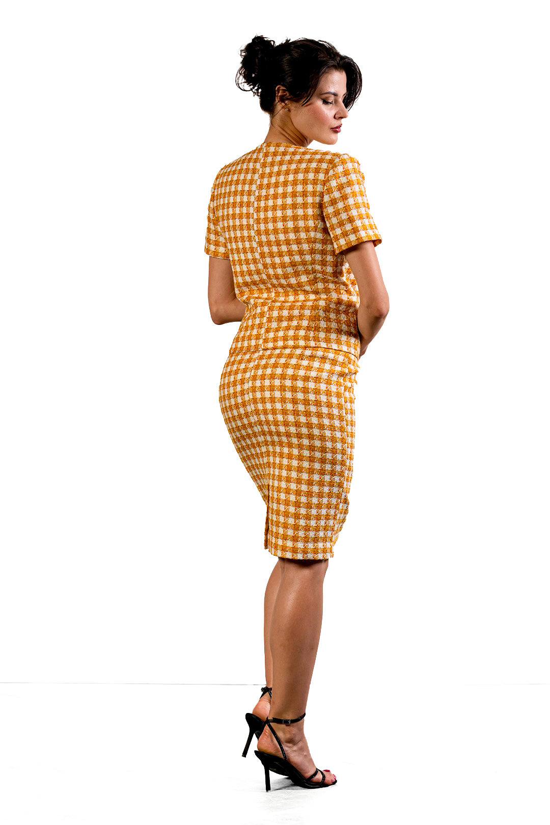 Niya short-sleeve top and pencil skirt set in ochre check cotton tweed by Sofia Lara — back view