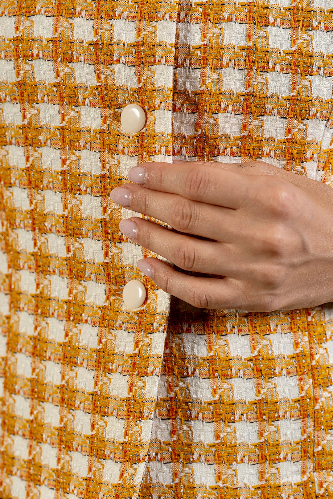 Niya short-sleeve top and pencil skirt set in ochre check cotton tweed by Sofia Lara — fabric detail