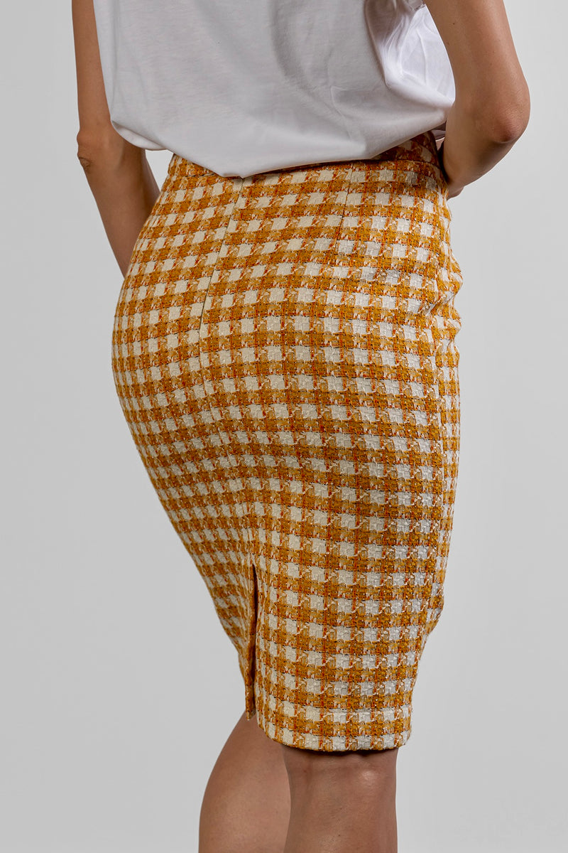 Niya midi skirt in ochre check cotton tweed by Sofia Lara — skirt, back view
