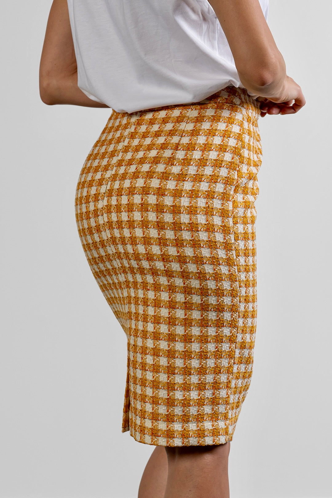Niya midi skirt in ochre check cotton tweed by Sofia Lara — skirt, side view