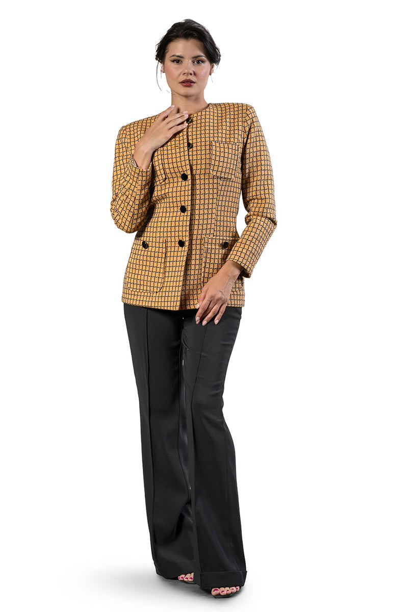 Toni flared trousers in black by Sofia Lara — front view, worn with an ochre checked jacket